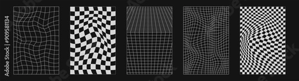 Fototapeta Abstract wireframes, cyberpunk elements and perspective white grids or spheres. Surreal geometric retro futuristic set. Psychedelic y2k shapes. Rave vector elements and signs in trendy psychedelic.