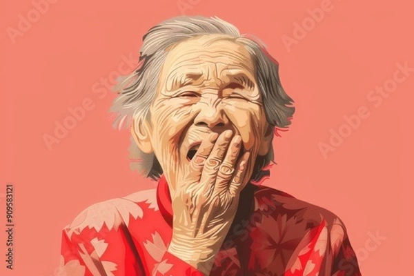 Fototapeta 驚いて口を押さえているおばあさんのイラスト（シニア・おばあちゃん・祖母・サプライズ・びっくり）