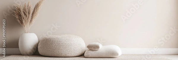 Obraz Serene minimalist interiors in warm tones with minima furniture and ornaments. Residential interior design composition with copyspace.