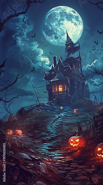 Fototapeta Scary Halloween background. Halloween pumpkins under the moonlight. Halloween background with pumpkins, castle and full moon. Halloween Spooky Nighttime. Halloween night. Happy Halloween. Copy space