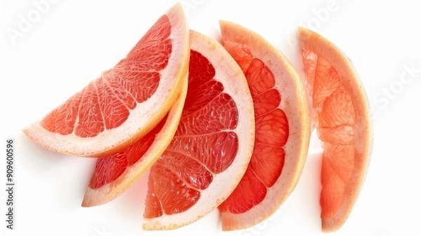 Fototapeta An assortment of grapefruit slices stacked and layered, showcasing the juicy flesh and the smooth, shiny rind. Set on a stark white background