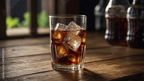 Obraz Cola soda glass with ice cubes on wooden table.