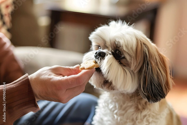 Obraz Front view crop of a male hand offering a treat cookie to an obedient Shih Tzu dog, who is eagerly receiving the reward from its male keeper at home. The scene captures the dog's delighted expression 