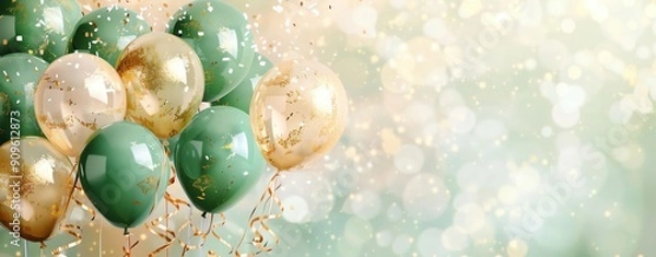 Obraz Charming happy birthday card illustration featuring green and gold balloons tied with ribbons, set against a soft pastel backdrop, ideal for cheerful and heartwarming content