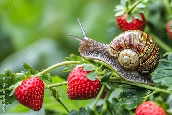 Fototapeta A snail on a strawberry in the garden.