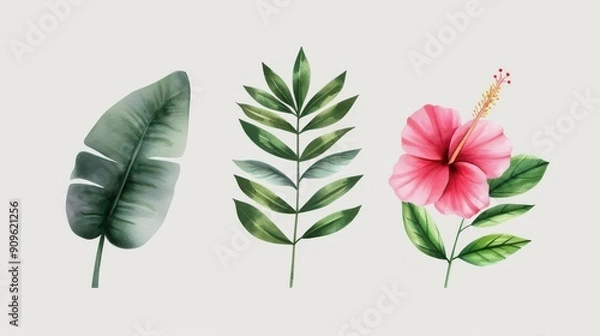Fototapeta Experience the lush beauty of tropical foliage with handpainted leaves and vibrant flowers, adding a touch of paradise to your space.