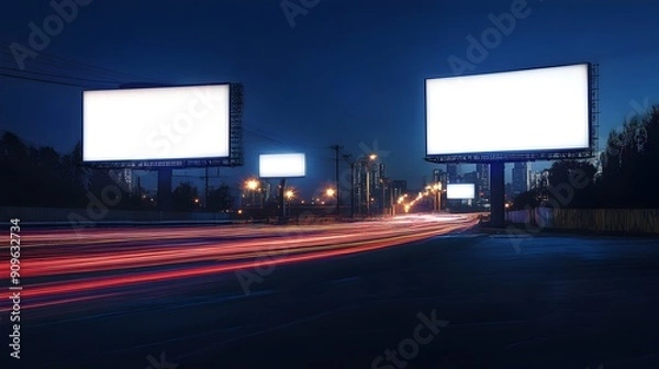 Obraz Nighttime Cityscape with Illuminated Billboards and Light Trails