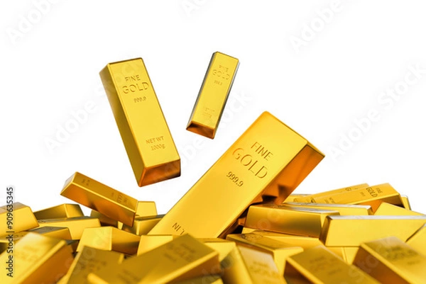 Fototapeta Gold falls and gold bar stack isolated on transparent background, 3D rendering