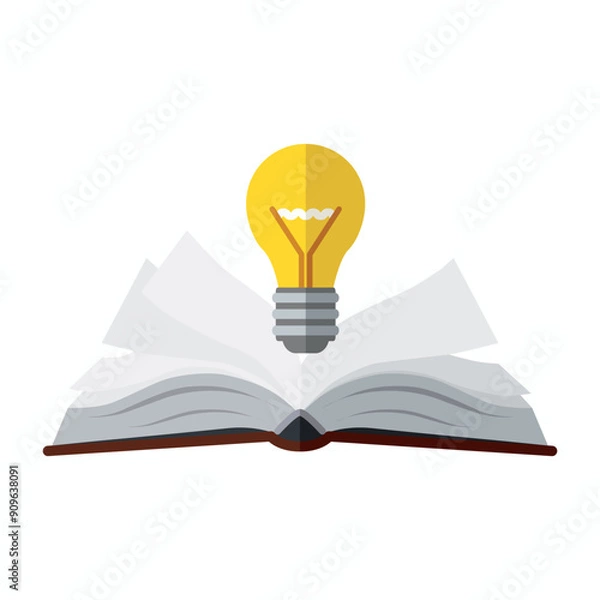 Fototapeta An open book with a burning light bulb. A symbol of learning and education. Textbook, notebook. Vector illustration isolated on a white background for design and web.