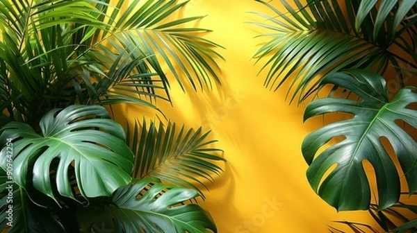 Fototapeta Bright yellow painted wall framed with green tropical palm leaves, sunlight with shadows patterns, summer background.