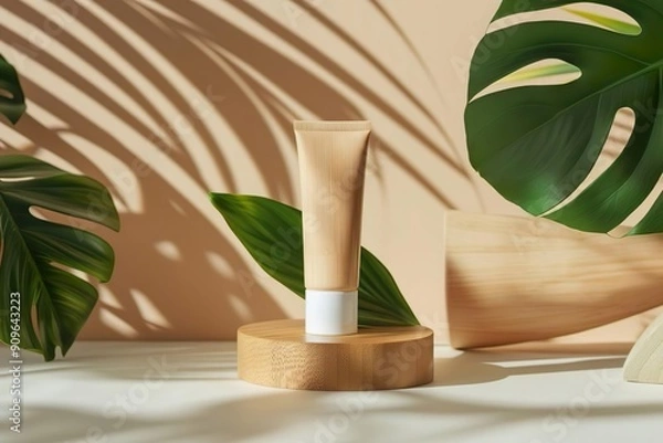 Fototapeta Mockup unbranded tube face cream on wooden stand with cream bottle and green leaf, organic cosmetic, pastel background, copy space.