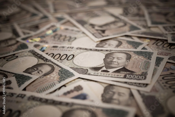 Obraz 日本の新一万円札。大量の一万円札が敷き詰められている。ネガティブなイメージ。