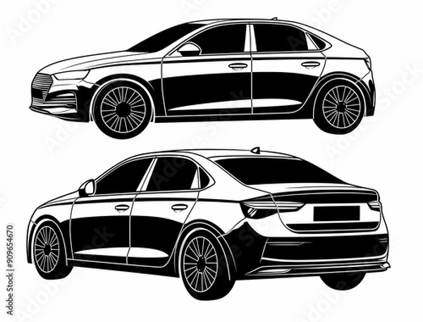 Fototapeta Elegant black and white silhouette of a modern sedan from side and rear views.