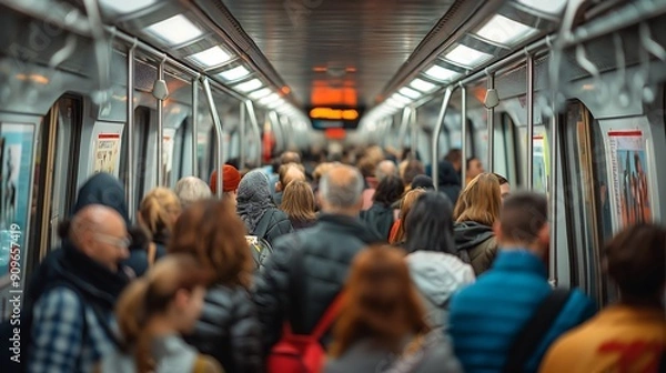 Fototapeta Trains filled with people going to work in the morning or leaving work in the evening during rush hour.