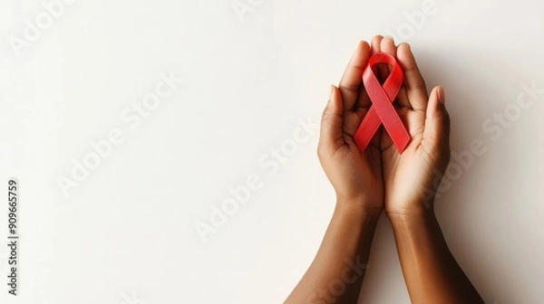 Obraz Concept of World AIDS Day , hands holding a red ribbon on white background , Generative AI