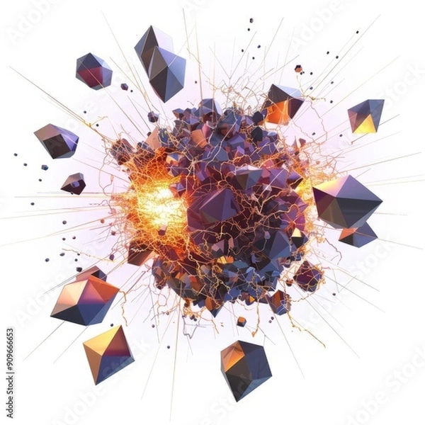 Fototapeta 3D Render, Low Poly style of a lightning-infused explosion, on isolated white background, Generative AI