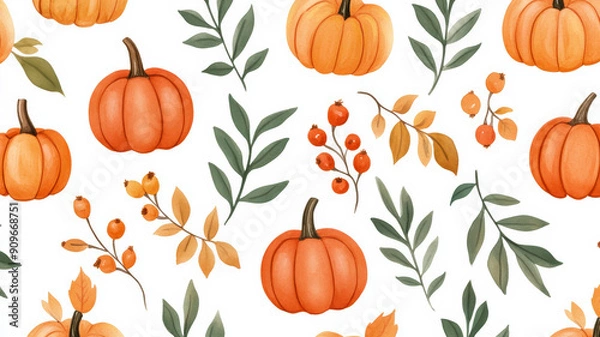 Fototapeta Closeup of a seamless watercolor pattern with pumpkins, leaves, and berries in warm autumn colors on a light background 