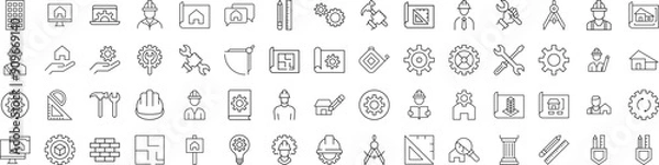 Fototapeta Collection of Line Icons of builder, engineer, repair and renovation. Suitable for books, stores, shops. Editable stroke in minimalistic outline style. Symbol for design