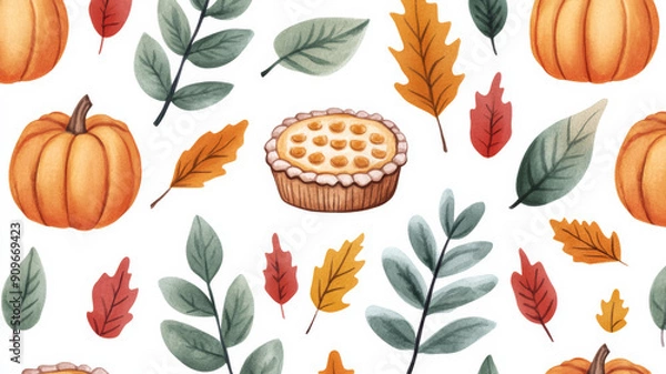 Obraz Closeup of a whimsical watercolor Thanksgiving pattern with pies, pumpkins, and leaves on a white background 