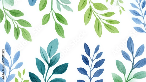 Obraz Wide angle of a gradient background for World Mental Health Day with a calming green to blue gradient and light floral patterns 