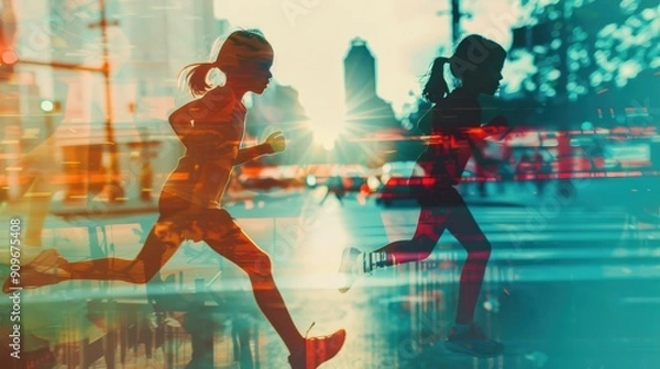 Fototapeta Dynamic double exposure of kids running through city streets, capturing movement and energy against a vibrant urban background.