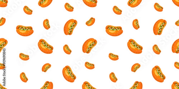 Obraz Hotdog Illustration Seamless Pattern. Fast Food Hotdog Seamless Pattern in Colorful Style. Vector Print For Fabric or Wallpaper.