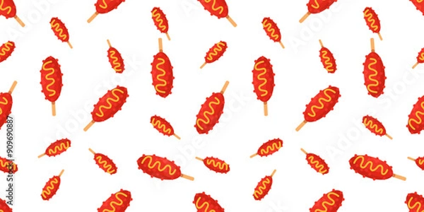 Obraz Sausage Illustration Seamless Pattern. Fast Food Sausage Seamless Pattern in Colorful Style. Vector Print For Fabric or Wallpaper.
