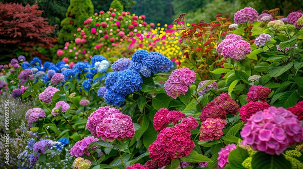 Fototapeta Hydrangea Bushes in a Summer Garden Hydrangea Bushes Background AI Generative