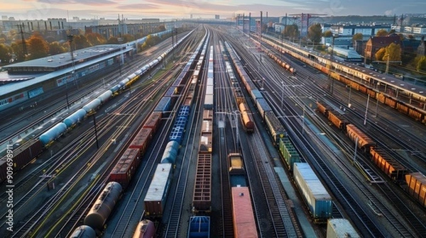 Obraz Rail yards with dual-gauge track configurations accommodate international freight and passenger trains crossing borders with varying rail gauges.