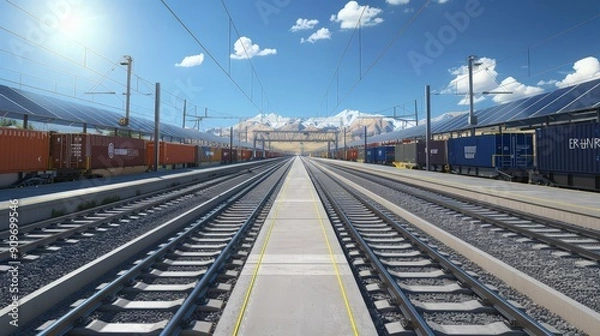 Fototapeta Rail yards with track electrification and renewable energy solutions reduce carbon footprints and support sustainable transportation initiatives.