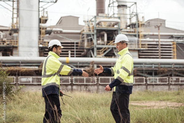 Fototapeta Both of Petroleum engineer is on a mission to inspect oil distillation at a huge oil refinery