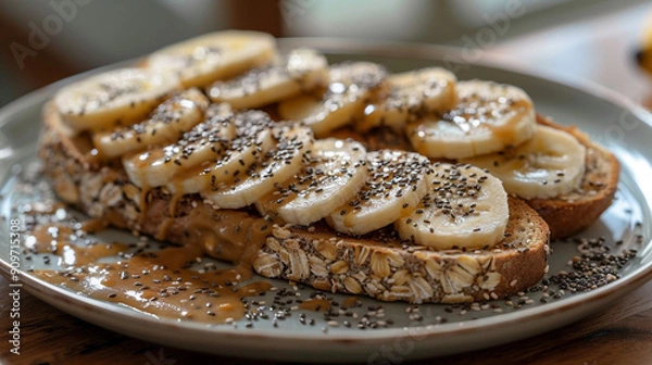 Fototapeta A UHD image of a plate of almond butter toast, topped with sliced bananas and a sprinkle of chia seeds.