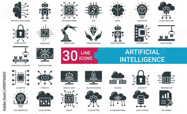 Obraz Artificial Intelligence icon collection set with Robot, Machine Learning, Chip, Brain, Innovation