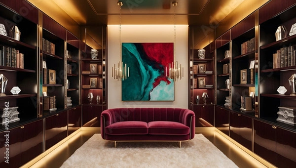 Fototapeta Elegant bookshelf  Room with Bright Stone Walls and Corner Sofa