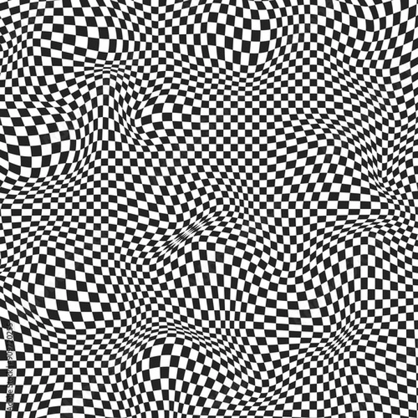 Obraz Wavy surface checkered background. Checkerboard warped pattern with geometric graphic. Abstract chess square print. Psychedelic optical illusion. Y2k design for banner. Vector illustration