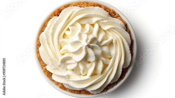 Fototapeta Top-down view of a Key Lime Pie featuring whipped cream swirls, isolated on white, ideal for showcasing a classic dessert