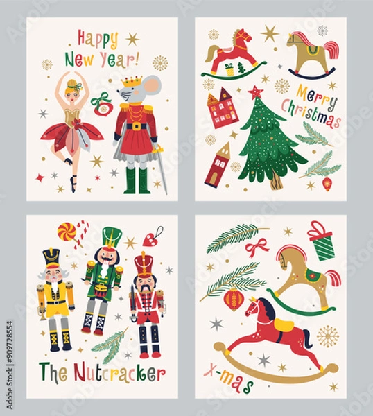 Fototapeta Happy New Year Nutcrackers Vector banners set on Light Background. Postcard. Tchaikovsky Ballet. Christmas illustration.