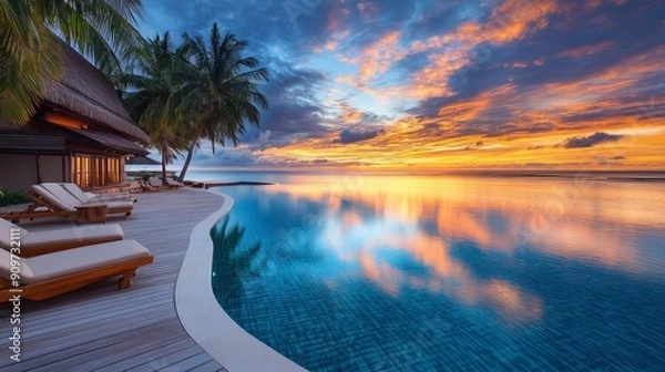 Fototapeta Tropical sunset over infinity pool by the ocean.
