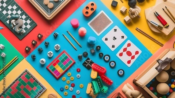 Obraz Different board games on color background top view