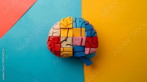 Obraz Human brain is made of multi colored wooden blocks isolated on colorful background