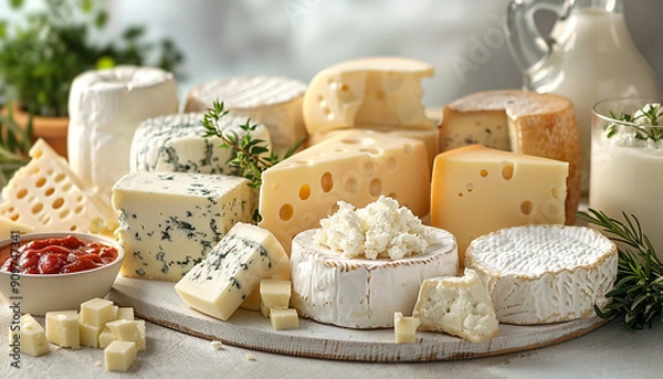 Obraz Cheese and milk bottles on wooden table generated.AI