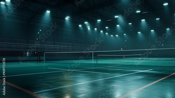 Fototapeta Empty Badminton Arena: Serene and Anticipatory Atmosphere. Badminton Court under spotlights with blurry background.