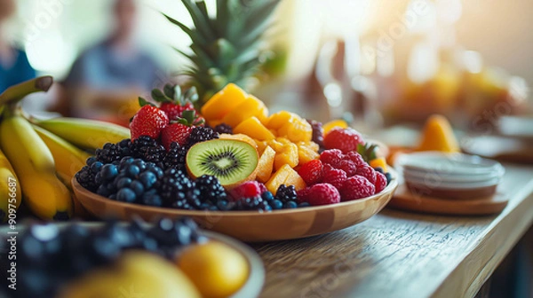 Fototapeta Mixed fruit party view in blurred background
