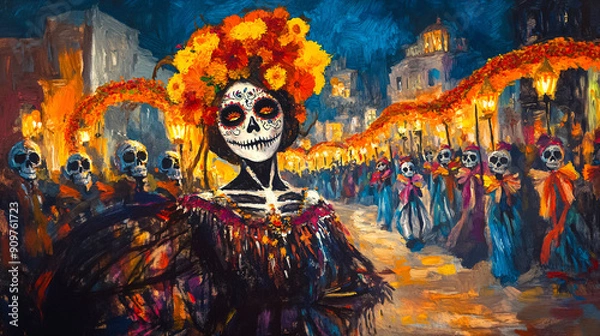 Fototapeta Colorful painting of Dia de los Muertos parade with skeletons in traditional attire. Vibrant street scene with marigold decorations. Day of the Dead celebration. Artwork for poster, banner, greeting c
