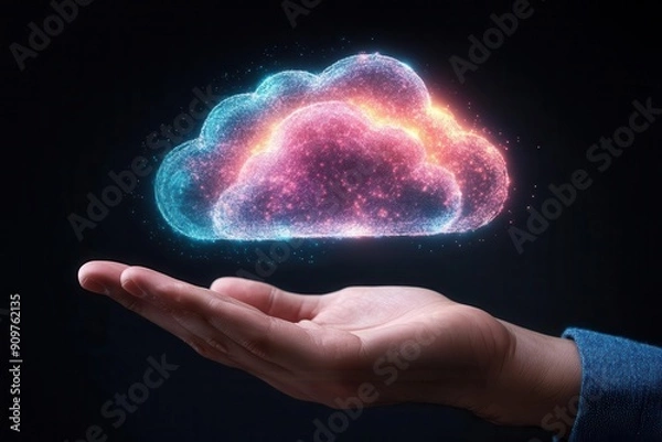 Fototapeta A hand holds a glowing, colorful cloud symbolizing technology, innovation, and digital space in a modern, futuristic setting.