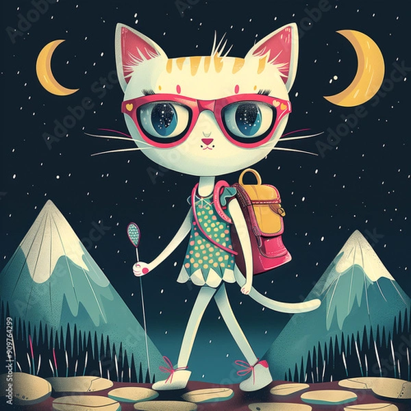 Fototapeta A cartoon cat wearing glasses and a backpack is walking on a path with mountains in the background. The cat is holding a stick and he is on a journey