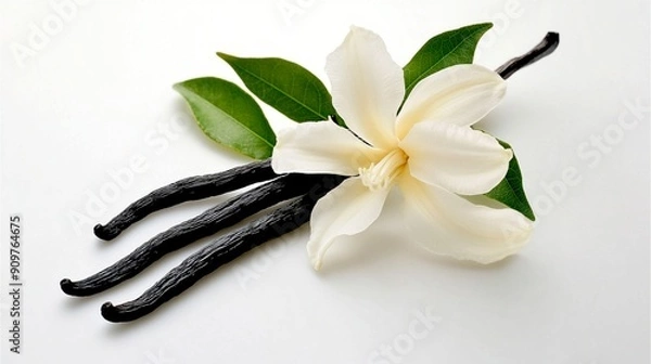 Fototapeta vanilla flower with pods and leaves isolated on a white background