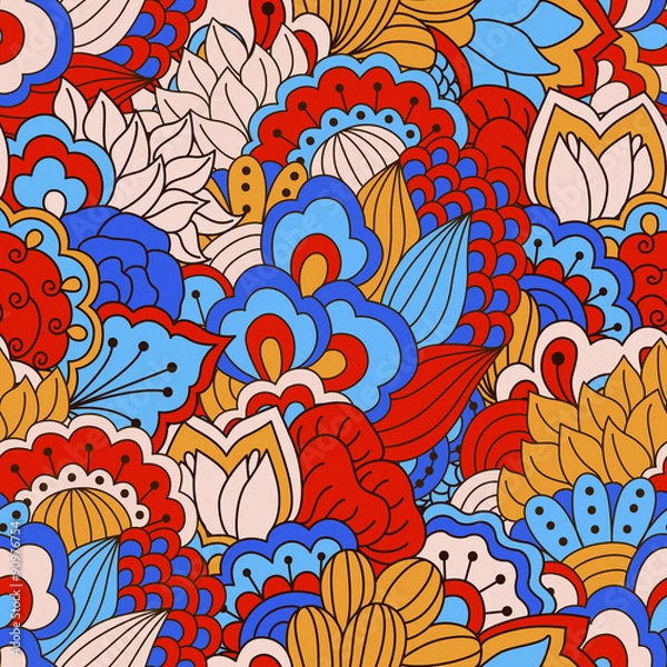 Fototapeta Hand drawn seamless pattern with floral elements. Colorful background. Pattern can be used for fabric, wallpaper or wrapping.