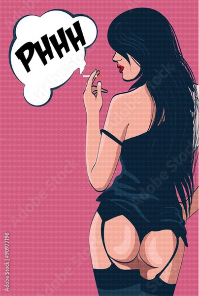 Obraz Young brunette girl in lingerie smoking a cigarette. Pop art