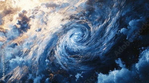 Fototapeta A spiral shape forms in the sky, with clouds and sunlight interacting